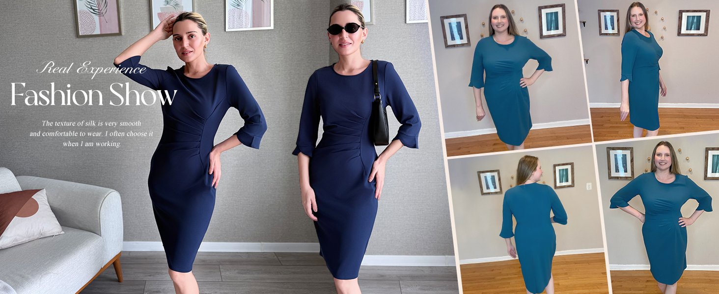 Work Dresses for Women 3/4 Sleeve Elegant Dresses Bodycon Dresses Red Party Dress Casual Midi Dress