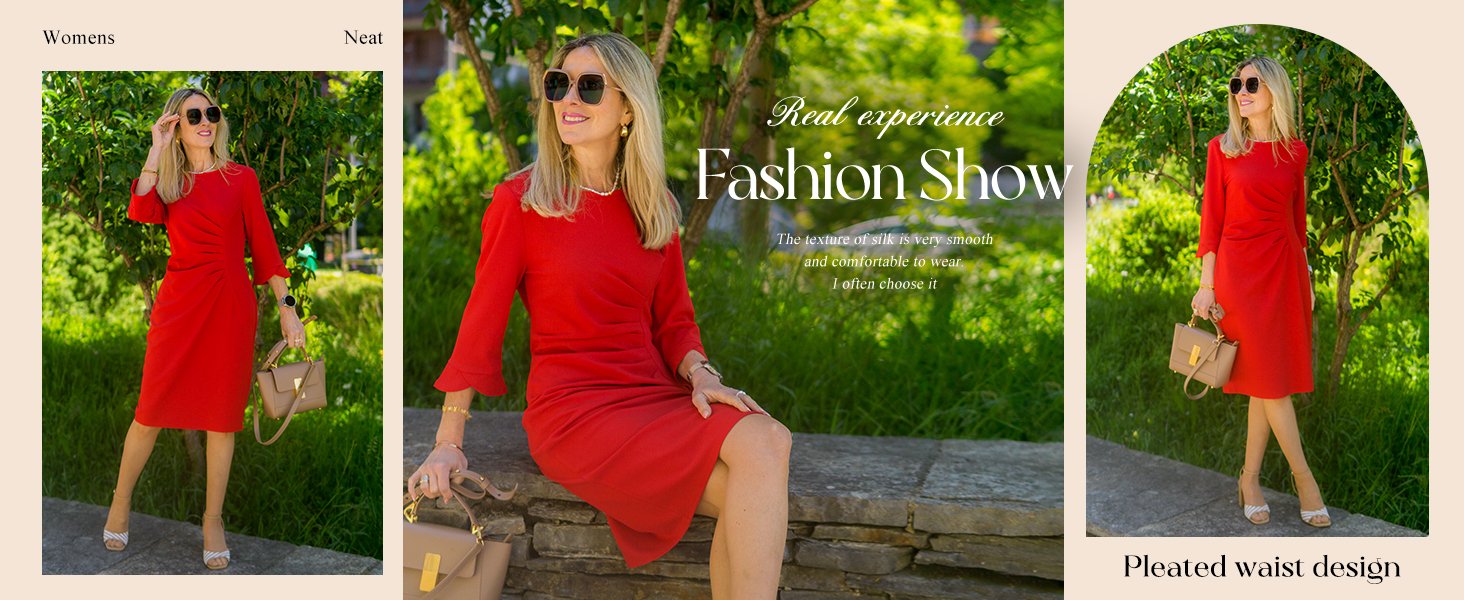 Work Dresses for Women 3/4 Sleeve Elegant Dresses Bodycon Dresses Red Party Dress Casual Midi Dress