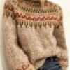 418655EC-01E4-928C-5A2A-1630B1DC939D Stand Collar Ribbed Knit Wool Sweater Beige Striped Knitwear