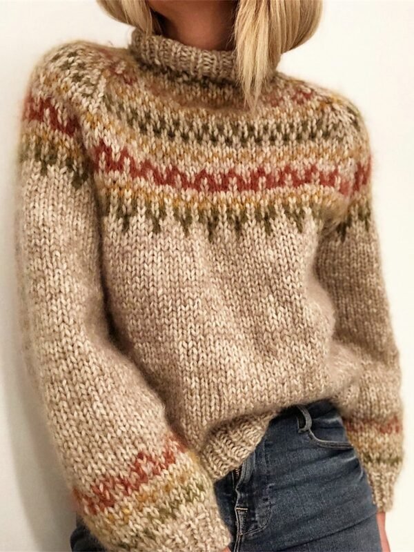 418655EC-01E4-928C-5A2A-1630B1DC939D Stand Collar Ribbed Knit Wool Sweater Beige Striped Knitwear
