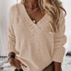 V-Neck Ribbed Knit Casual Sweater White & Blue Soft Solid Top