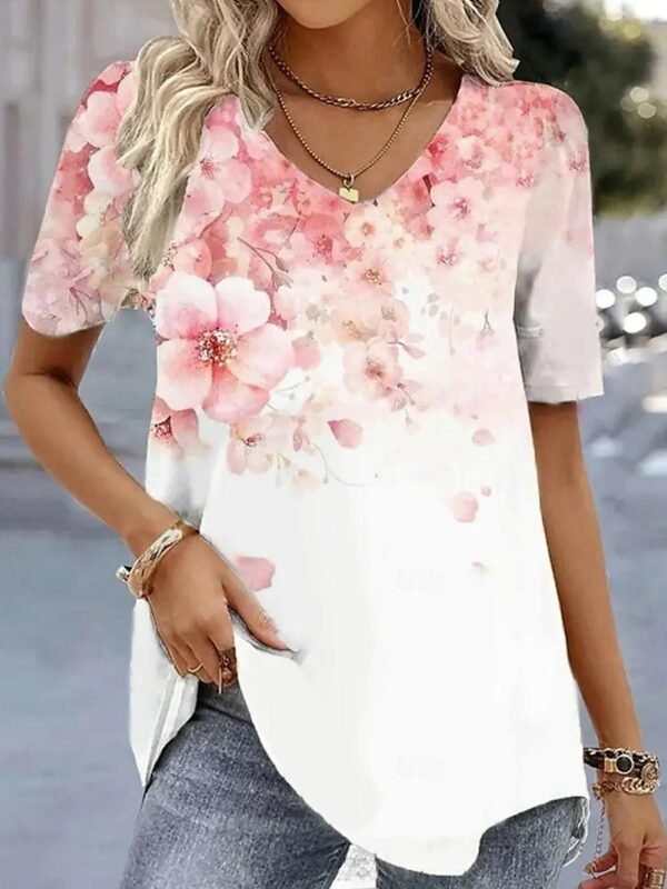 623C576B-96F1-C901-B2AF-A568DBD4F9A4 Floral Print V Neck Short Sleeve Tee