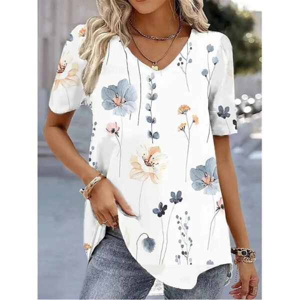 78AB9098-D5B7-888F-1B9F-B4524B9C1D8D Floral Print V Neck Short Sleeve Tee