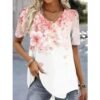 87114D4C-E97C-C164-76EF-F01E4406A31B Floral Print V Neck Short Sleeve Tee