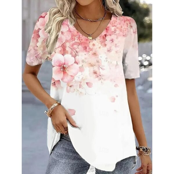 87114D4C-E97C-C164-76EF-F01E4406A31B Floral Print V Neck Short Sleeve Tee