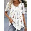 9051E4DC-8750-D16B-7160-D56B5772166A Floral Print V Neck Short Sleeve Tee
