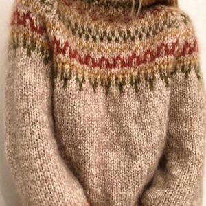 Stand Collar Ribbed Knit Wool Sweater Beige Striped Knitwear