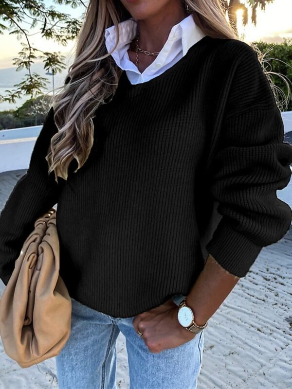 Shirt Collar Patchwork Knit Sweater Fluorescent Yellow & Black