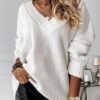 V-Neck Ribbed Knit Casual Sweater White & Blue Soft Solid Top