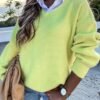 Shirt Collar Patchwork Knit Sweater Fluorescent Yellow & Black