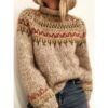 D4B32457-0E84-88D2-530A-0A2CA422D596 Stand Collar Ribbed Knit Wool Sweater Beige Striped Knitwear