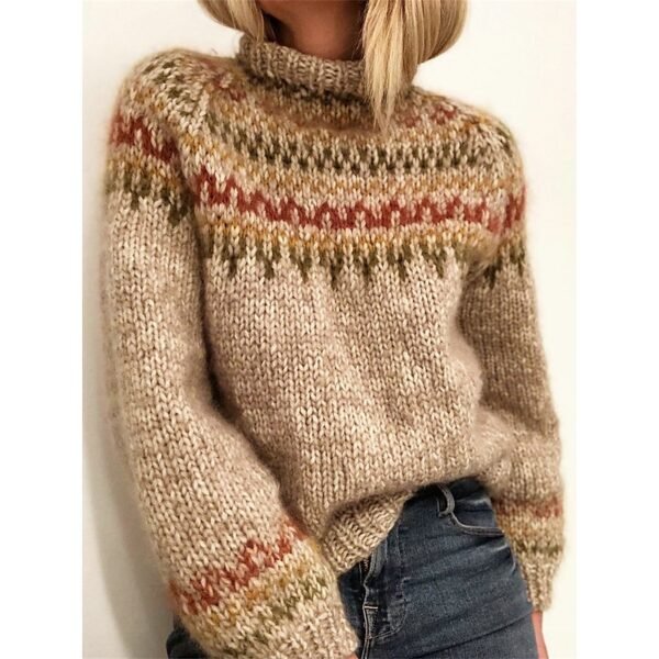 D4B32457-0E84-88D2-530A-0A2CA422D596 Stand Collar Ribbed Knit Wool Sweater Beige Striped Knitwear