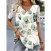E190A9C0-A889-B06F-289F-F132D82AE387 Floral Print V Neck Short Sleeve Tee