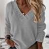 V-Neck Ribbed Knit Casual Sweater White & Blue Soft Solid Top