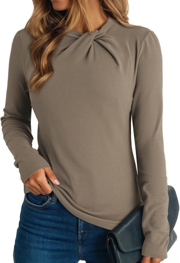 Dokotoo Womens Tops Business Casual Outfits Long Sleeve Shirts Mock Neck Twist Knot Slim Fit Soft Stretch Tees Blouses