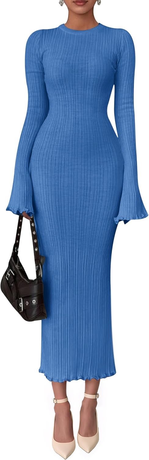 Sweater Dresses for Women 2025 Fall Bell Long Sleeve Crew Neck Bodycon Maxi Dress Winter Ribbed Knit Outfits