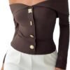Women's Off The Shoulder T Shirts Metal Button Long Sleeve Tee Going Out Top