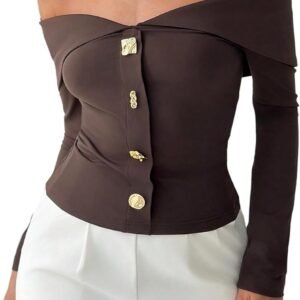 Women's Off The Shoulder T Shirts Metal Button Long Sleeve Tee Going Out Top