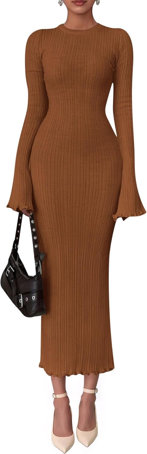 Sweater Dresses for Women 2025 Fall Bell Long Sleeve Crew Neck Bodycon Maxi Dress Winter Ribbed Knit Outfits