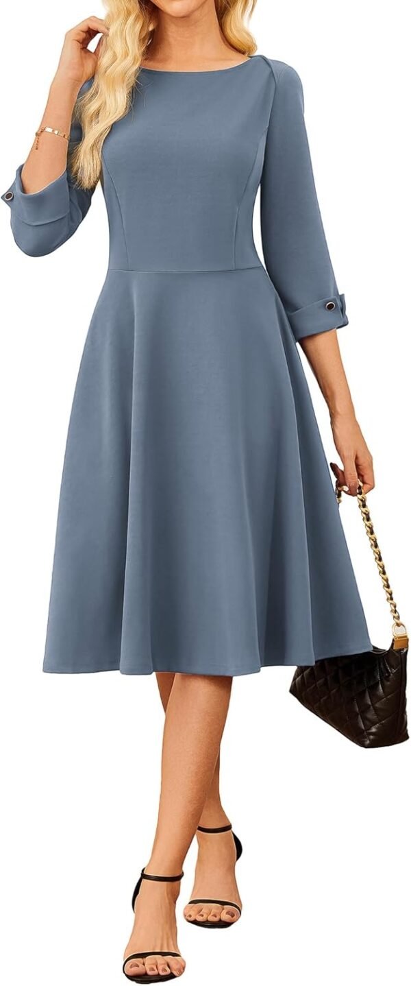 Work Dresses for Women 2025 3/4 Sleeve Fit and Flare Business Midi Dress Classy Office Dresses with Pockets