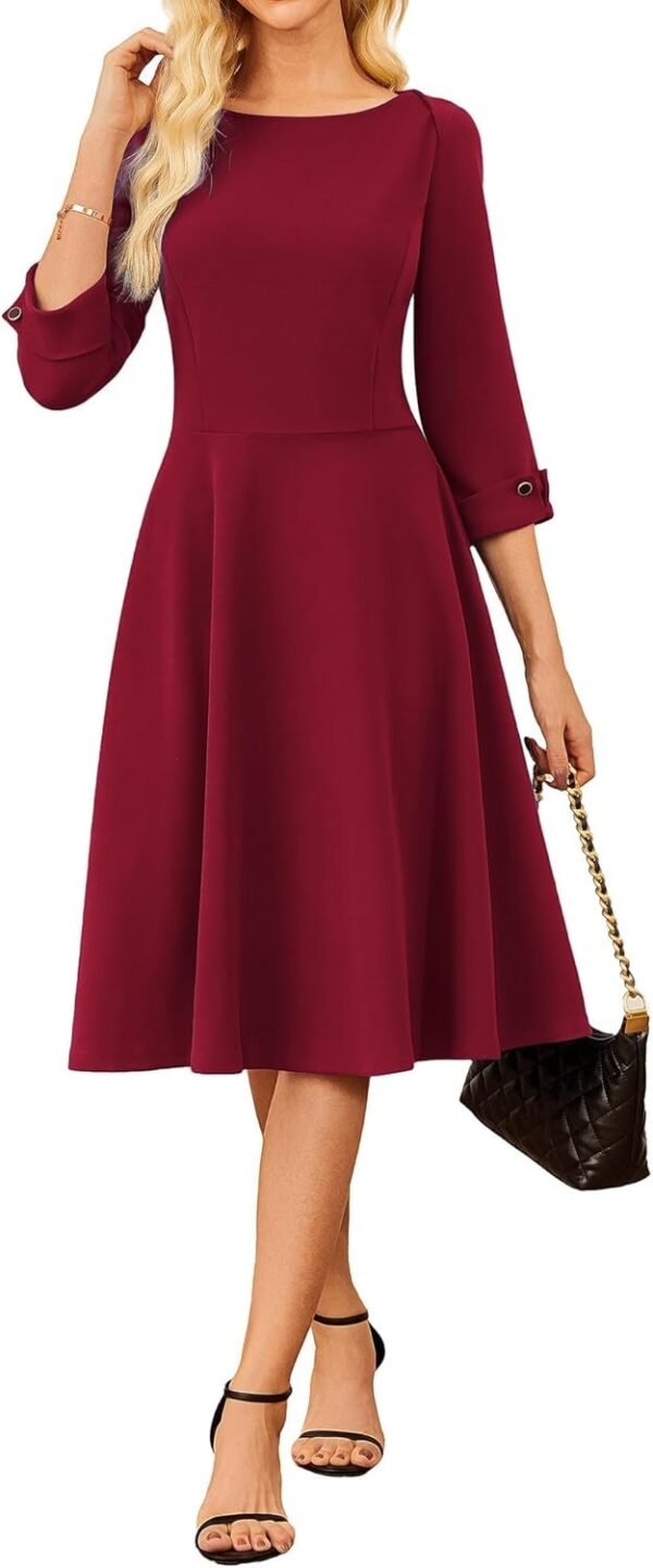Work Dresses for Women 2025 3/4 Sleeve Fit and Flare Business Midi Dress Classy Office Dresses with Pockets