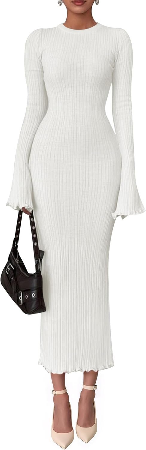 Sweater Dresses for Women 2025 Fall Bell Long Sleeve Crew Neck Bodycon Maxi Dress Winter Ribbed Knit Outfits