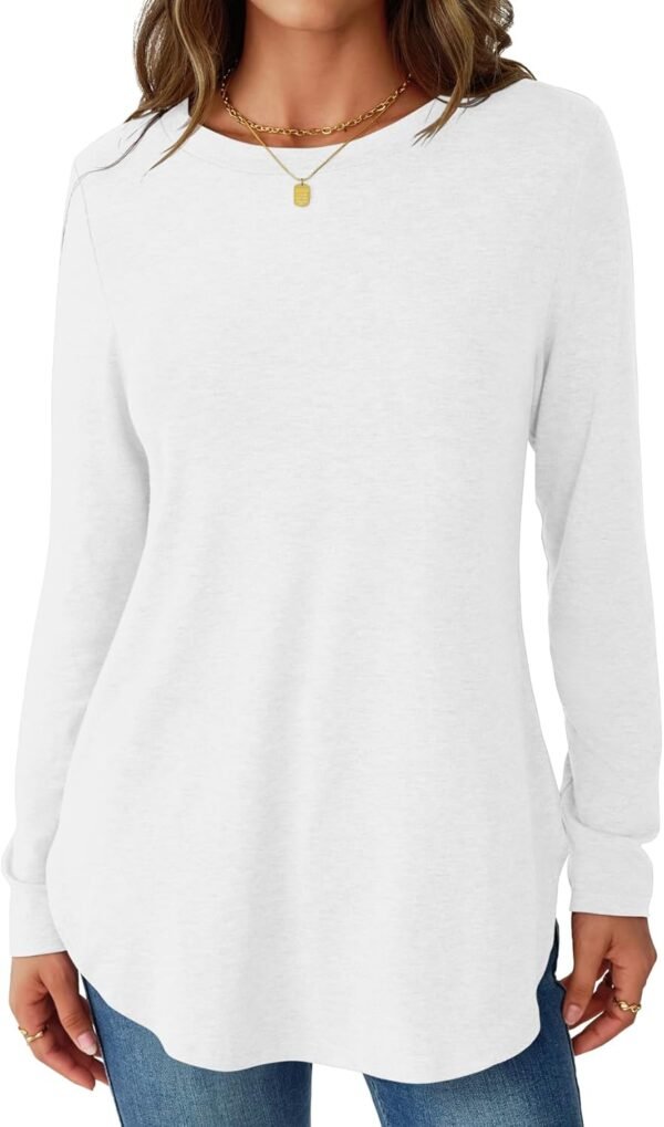 Womens Long Sleeve Shirts Loose Tunic Tops Round Neck Lightweight Side Split Casual 2025 Trendy Basic Tshirts Blouse
