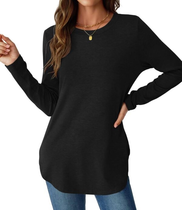 Womens Long Sleeve Shirts Loose Tunic Tops Round Neck Lightweight Side Split Casual 2025 Trendy Basic Tshirts Blouse