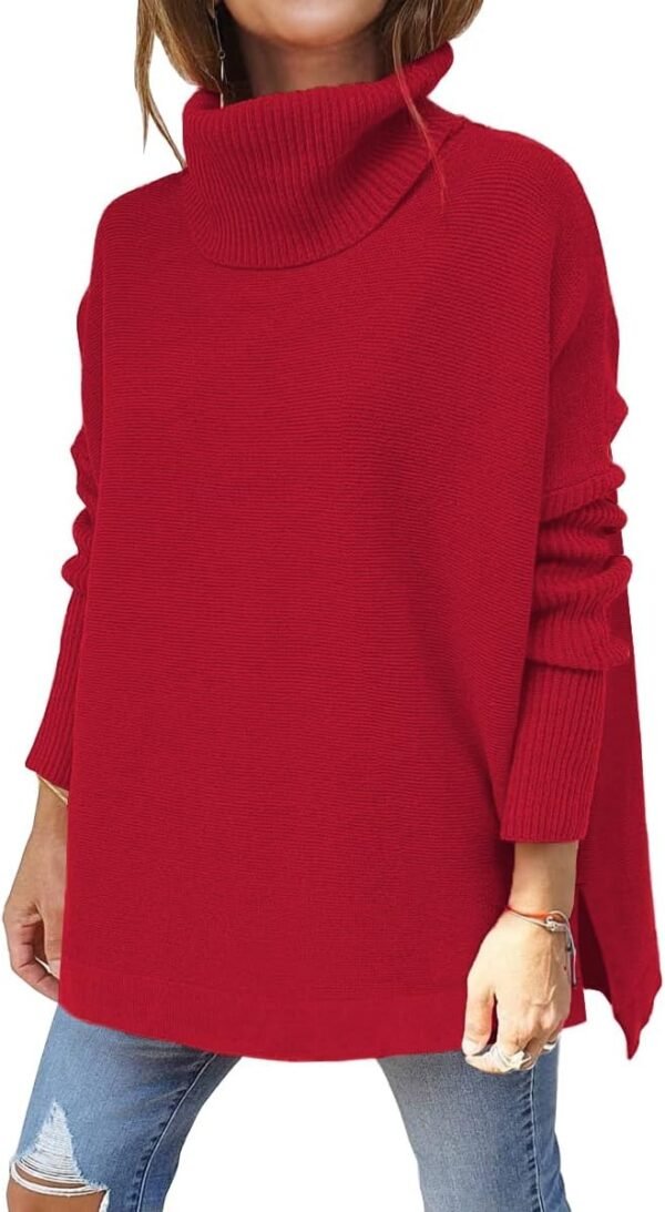 Women's Turtleneck Oversized Sweaters Long Batwing Sleeve Spilt Hem Tunic Pullover Knit Tops