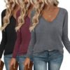 Long Sleeve Shirts for Women V Neck T Shirt Fall Casual Tops Basic Base Layer Undershirts Tees 2025 S-XXL