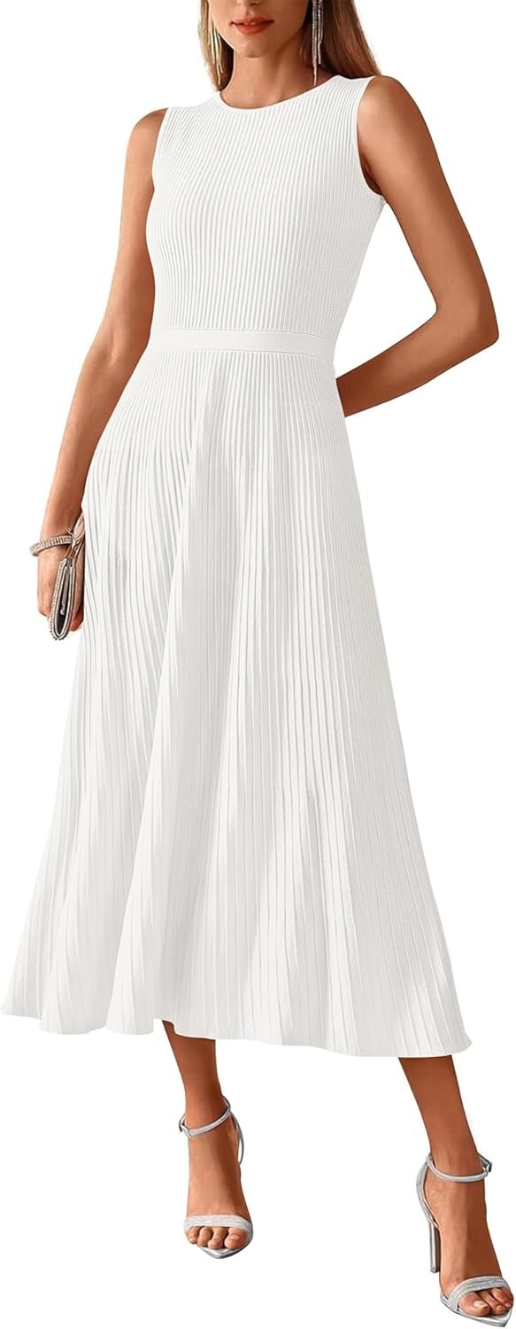 Women Tank Midi Dress Summer Crewneck Sleeveless Pleated A Line Business Casual Formal Sweater Fall Dresses 2025