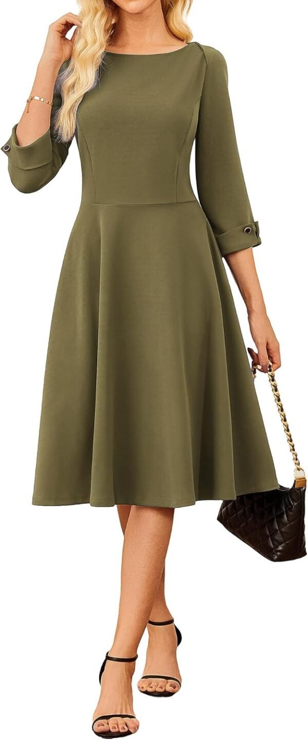 Work Dresses for Women 2025 3/4 Sleeve Fit and Flare Business Midi Dress Classy Office Dresses with Pockets