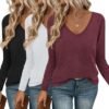 Long Sleeve Shirts for Women V Neck T Shirt Fall Casual Tops Basic Base Layer Undershirts Tees 2025 S-XXL