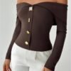 Women's Off The Shoulder T Shirts Metal Button Long Sleeve Tee Going Out Top