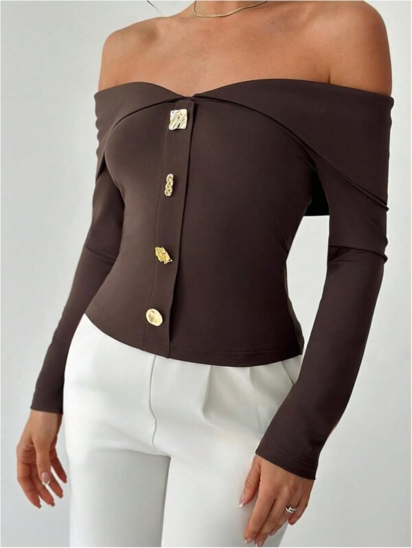 Women's Off The Shoulder T Shirts Metal Button Long Sleeve Tee Going Out Top