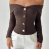 Women's Off The Shoulder T Shirts Metal Button Long Sleeve Tee Going Out Top