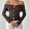 Women's Off The Shoulder T Shirts Metal Button Long Sleeve Tee Going Out Top