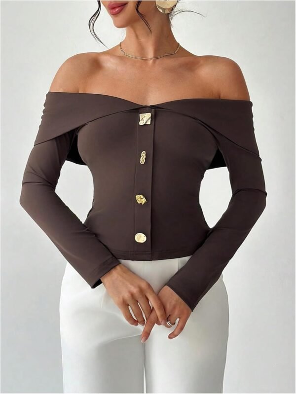 Women's Off The Shoulder T Shirts Metal Button Long Sleeve Tee Going Out Top
