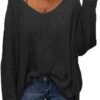 Women's V Neck Long Sleeve Knit Loose Oversized Pullover Sweater Top