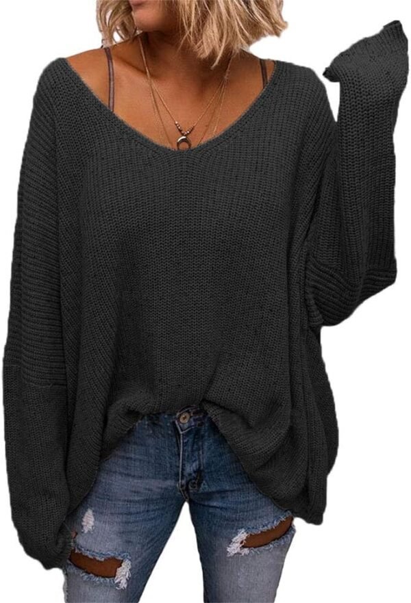 Women's V Neck Long Sleeve Knit Loose Oversized Pullover Sweater Top