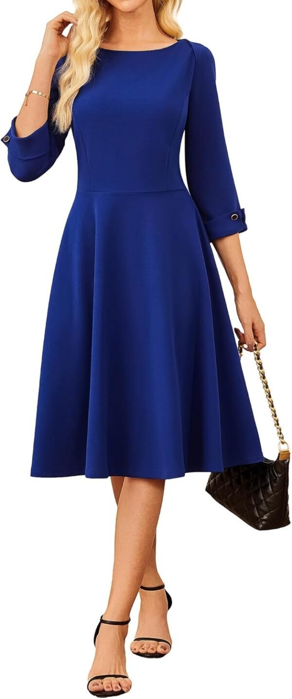 Work Dresses for Women 2025 3/4 Sleeve Fit and Flare Business Midi Dress Classy Office Dresses with Pockets