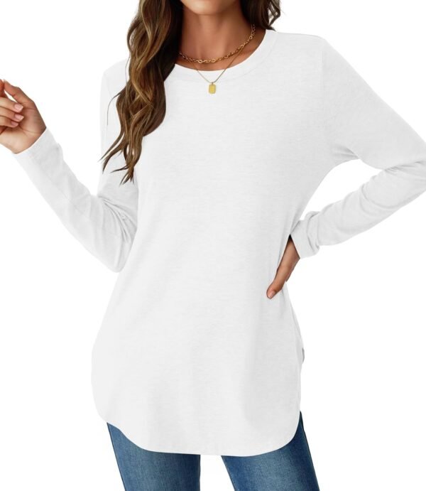 Womens Long Sleeve Shirts Loose Tunic Tops Round Neck Lightweight Side Split Casual 2025 Trendy Basic Tshirts Blouse