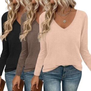 Long Sleeve Shirts for Women V Neck T Shirt Fall Casual Tops Basic Base Layer Undershirts Tees 2025 S-XXL