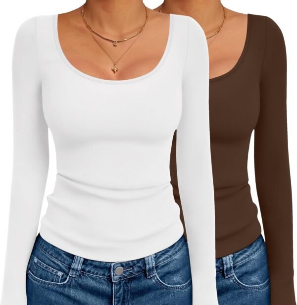 Long Sleeve Shirts for Womens Scoop Neck Tops Slim Fit Undershirts Basic Thermal Tee Shirt