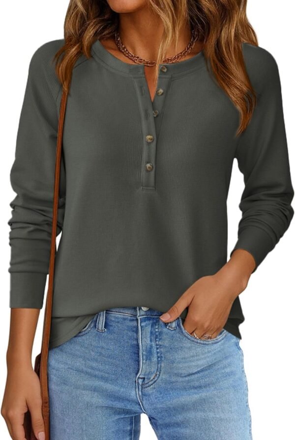 Women Long Sleeve Waffle Knit Shirts 2025 Fall Casual Button V Neck Loose Henley Tops Basic Tees Winter Clothes