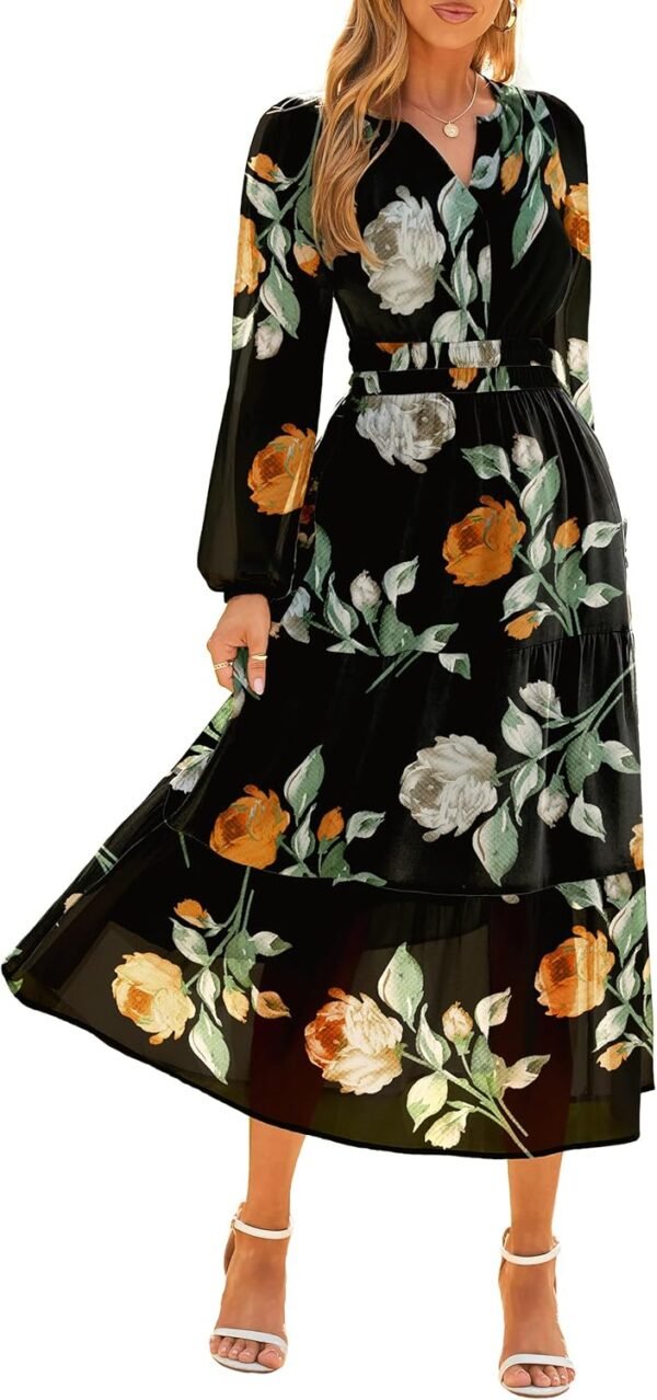 Women's Floral Boho Long Sleeve Maxi Dress V Neck Empire Waist Swing Flowy Wedding Guest Dress
