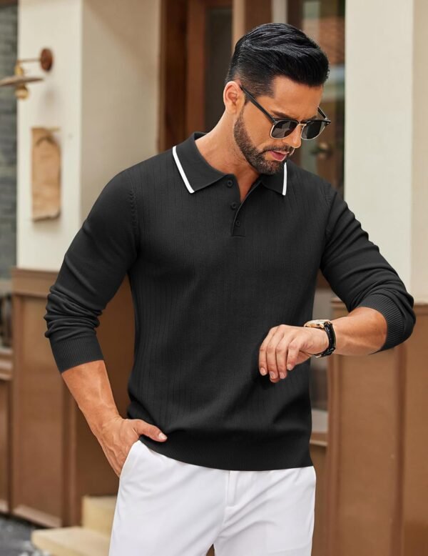 Men's Knit Polo Sweater Casual Long Sleeve Polo Sweater Lightweight Button Down Golf Pullover Sweaters