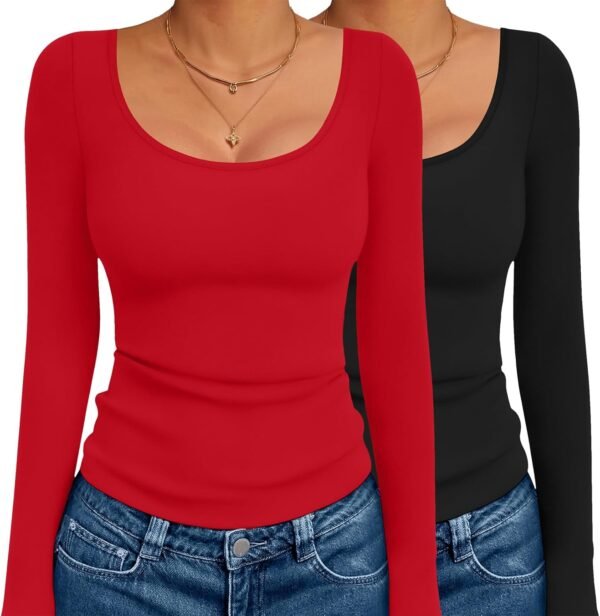 Long Sleeve Shirts for Womens Scoop Neck Tops Slim Fit Undershirts Basic Thermal Tee Shirt