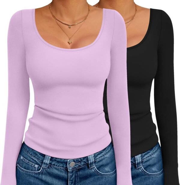 Long Sleeve Shirts for Womens Scoop Neck Tops Slim Fit Undershirts Basic Thermal Tee Shirt