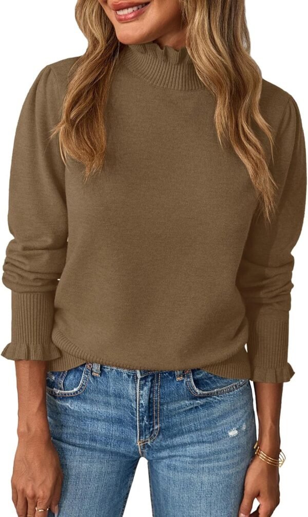 7165t6lDF0L._AC_SL1500 Womens Ruffle Mock Neck Sweater Puff Long Sleeve Fall Soft Knit Casual Pullover Sweaters Top